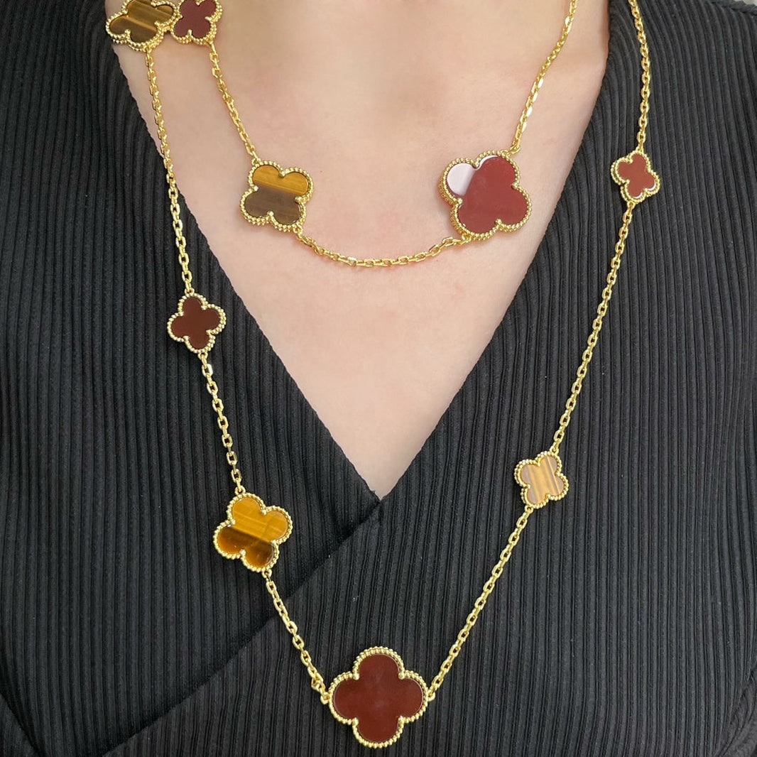 [Amore Jewelry]CLOVER 16 MOTIF CARNELIAN TIGER EYE ROSE GOLD NECKLACE