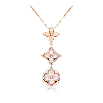 [Opulent Aurora]COLOR BLOSSOM LARIAT NECKLACE PINK GOLD WHITE MOTHER PEARL AND DIAMOND