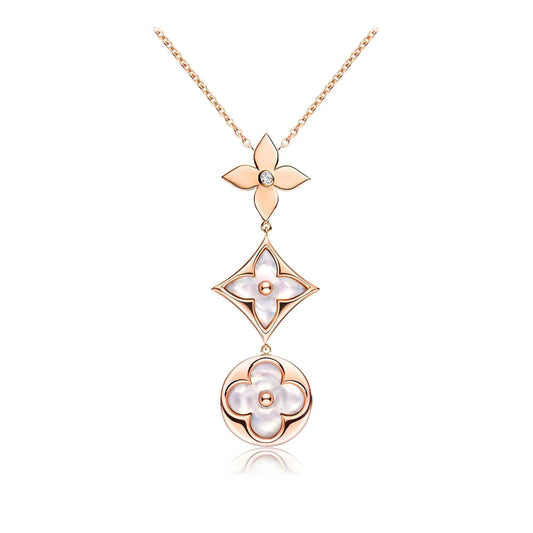 [Opulent Aurora]COLOR BLOSSOM LARIAT NECKLACE PINK GOLD WHITE MOTHER PEARL AND DIAMOND