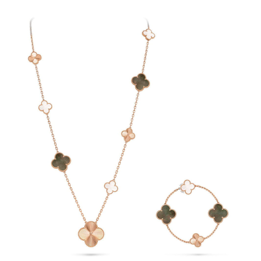 [Amore Jewelry]DETACHABLE CLOVER 15(11+4) FLOWER ROSE GOLD NECKLACE SET