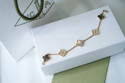 [Amore Jewelry]CLOVER 5 MOTIFS DARK MOP AND DIAMONDS PINK GOLD BRACELET
